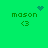 Green background with four 'mason' text instances, each below a '<3' symbol; one instance has a teal heart above it and another has blue dots forming an X shape.