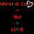 Red pixelated text on black background displays 'Edward Cull' with a white heart symbol replacing the 'o' in 'Cull', plus 'me = LOVE' below.