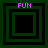 Four square display green and black concentric squares with pink 'FUN' text above each