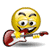 Yellow emoji face with furrowed brows and wide eyes plays red electric guitar against gray background, surrounded by floating red hearts.