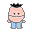 Pixelated cartoon character with peach skin, black hair, blue overalls, and gray shoes in four distinct poses showing facial expressions and body positions.