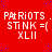 Red background with repeated white text 'Patriots Stink = ( XLII' and scattered blue dots, one gray rectangle in bottom-right corner.
