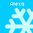 Four identical pixelated snowflakes on a bright blue background, each with 'Alexa' text above and below in white pixelated font.