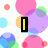 Pixelated icon with colorful circles, a yellow vertical bar, and green zebra stripes featuring red text.