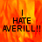 A fiery orange-red background with bold black text reading "I HATE AVERILL!!" in a pixelated font, displayed