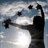 Silhouette of a person reaching upward with arms extended, holding objects against a bright sun and cloudy sky background.