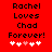 Red background displays black text 'Rachel Loves Chad Forever!' with five white hearts below, one heart pink in first frame.