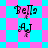 Pixelated text 'Bella' and 'AJ' on a checkered background with alternating cyan and pink squares.