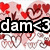 Pixelated icon with red hearts and roses on a light pink background, featuring bold black text reading 'dam<3' in the center.