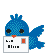 Blue pixelated bird holding white card with 'w: 0' and 'Bliss' text, orange beak, black eyes, blue spiky crest, gray background.