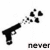 Black pixelated handgun firing heart-shaped projectiles with text labels below each frame.