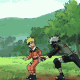 Animated sequence shows two characters in a grassy landscape with trees and mountains; one character in orange jumps while another in dark clothing runs and kicks up dust.
