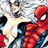 A static pixelated image shows a character in red and blue costume with white eyes on the right, and another figure in light clothing holding an object on the left.