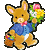 Pixelated bunny in blue jacket and pink bow tie holds bouquet of flowers, standing against gray background with green text reading 'Original Icons .com' on right.