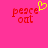 Pixelated red text 'peace out' on bright pink background with yellow heart symbol above 'peace' on left side.