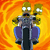 Pixelated character with blonde hair and white eyes rides a dark motorcycle against a swirling orange-yellow background.