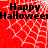 Red background with white spiderweb pattern and black "Happy Halloween" text in four