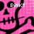 Pixelated pink skull pattern with black outlines and white text fragments reading 'PINK!!', 'DO YOU LOVE IT AS MUCH AS I DO?', 'HA DIDNT THINK SO!!!'