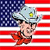 A pixelated figure wearing a light gray cowboy hat with a yellow emblem, red bandana, and dark clothing stands against a background of red and white stripes with a blue field of white squares.