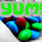 Green 'YUM!' text above a cluster of blue, red, and green pixelated shapes resembling food items on a light gray background.