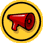 Two side-by-side animated frames of a red megaphone icon on yellow circular backgrounds with black outlines, showing sound waves in the second frame.