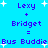 Pixelated blue background with purple text and white stars, showing two identical side-by-side calculations of 'Lexy + Bridget = Bus Buddie' with animated star changes.