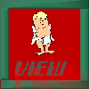 Pixelated cartoon character with blonde hair and white wings stands on red background with 'VIEW' text below.