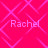 A static image with a bright pink background featuring overlapping geometric patterns and four instances of the name "Rachel" in lighter pink text.