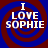 Four identical display 'I LOVE SOPHIE' text over blue and red spiral backgrounds with pixelated white lettering