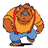 Pixelated cartoon bear in orange shirt and blue overalls with red suspenders, standing against gray background, next to blue text 'grrr' on white.