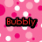 Pink polka-dot background with three text elements: red 'Bubbly', green 'Bubbly', and cyan 'AKWARD!' in pixelated font.