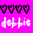 A contact sheet of 5 animated frames showing a pink background with black heart outlines and white pixelated text "debbie" in two rows, arranged in a 3x2 grid layout with one empty gray cell.