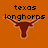 Pixelated orange background with black text 'texas longhorns' above a brown bull's head silhouette.