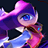 Pixelated character with purple hair and blue eyes, wearing a dark outfit with light accents against a black background.