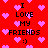 Red background with pink pixelated hearts and black text reading "I LOVE MY FRIENDS :)" in multiple positions.