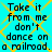 Cyan background with yellow diamond pattern and black pixelated text repeating 'Take it from me don't dance on a railroad.'
