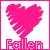 Static pixel art icon featuring a bright pink heart shape with jagged edges and a vertical stem, positioned above the word "Fallen" in matching pink block letters on a white background with a solid pink border.