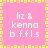 A pink square icon with yellow pixelated border and central cross, displaying white text 'liz & kenna b.f.f.l.s' in four quadrants.