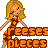 Pixel art of a blonde woman in an orange dress with brown patterns, standing next to large text reading 'reese's pieces' and a partial view of another figure.