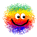 Two identical pixelated smiley faces with rainbow gradient hair and a black curved mouth on gray background.