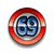 Circular icon with red outer ring and blue inner square containing stylized black and white symbols on a white background.