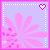 Pixelated flower icon with pink petals and heart symbol, bordered by dotted lines on light purple background.
