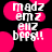 Pixelated text 'madz emz emz bpps!!' over pink circles on black background, with visible animation changes between frames.