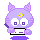 Pixelated purple cat-like character with yellow crescent on forehead, white eyes with purple squares, holding white rectangular object, two distinct mouth states.