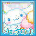 A white rabbit-like character with blue eyes and pink cheeks holds a pink ice cream cone, with text below reading "cinnamoroll" in blue and yellow letters.