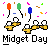Pixel art of yellow midgets with white hats under floating balloons and confetti, labeled "Midget Day" in blocky text.