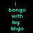 Pixelated cyan text on black background with white rectangular overlays, displaying 'i bongo with my lingo' in three