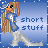 Pixel art contact sheet showing two frames of an animated character with long blonde hair, blue dress, and white boots walking against a gradient blue background with "short stuff" text.