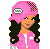 Pixel art contact sheet showing a cartoon character in pink attire with multiple views including full-body, upper body, and text display.