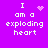 Purple background with white pixelated text reading "I am a exploding heart" and four distinct animated symbols above the first 'I'.